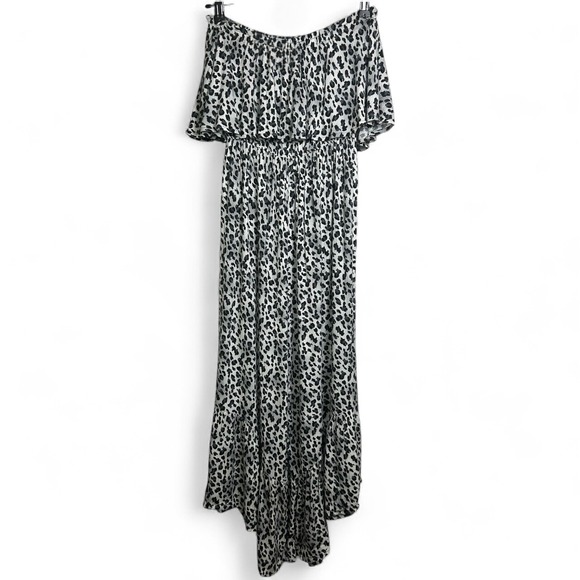 EE:SOME Off Shoulder Leopard Wide Leg Jumpsuit Women's Small Ruffle Smocked - Picture 2 of 5